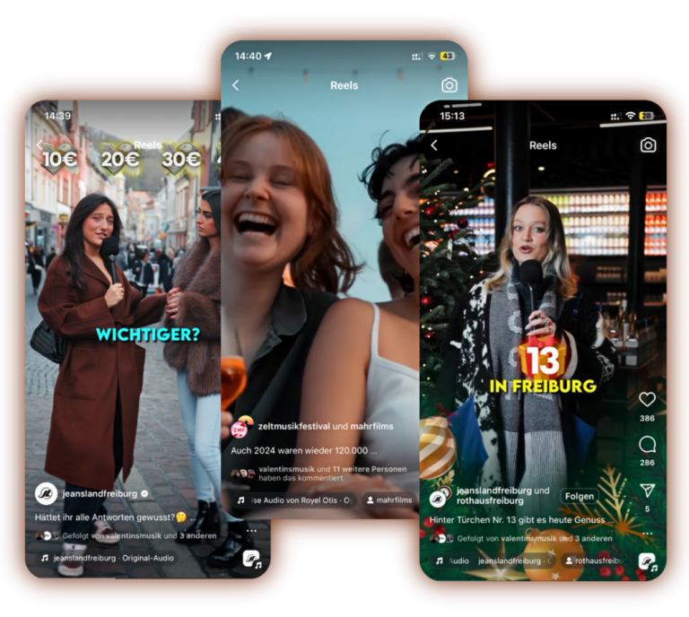 Social Media Videos Zwei Bildschirmansichten von Social-Media-Videos, die Mode und Einkaufen zeigen.